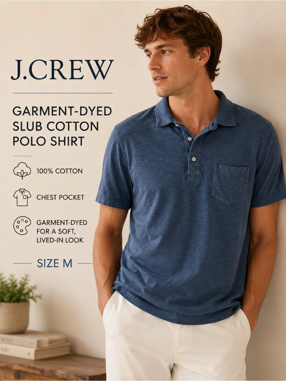 J.Crew Garment-Dyed Slub Cotton Pocket Polo Shirt Blue Size M
